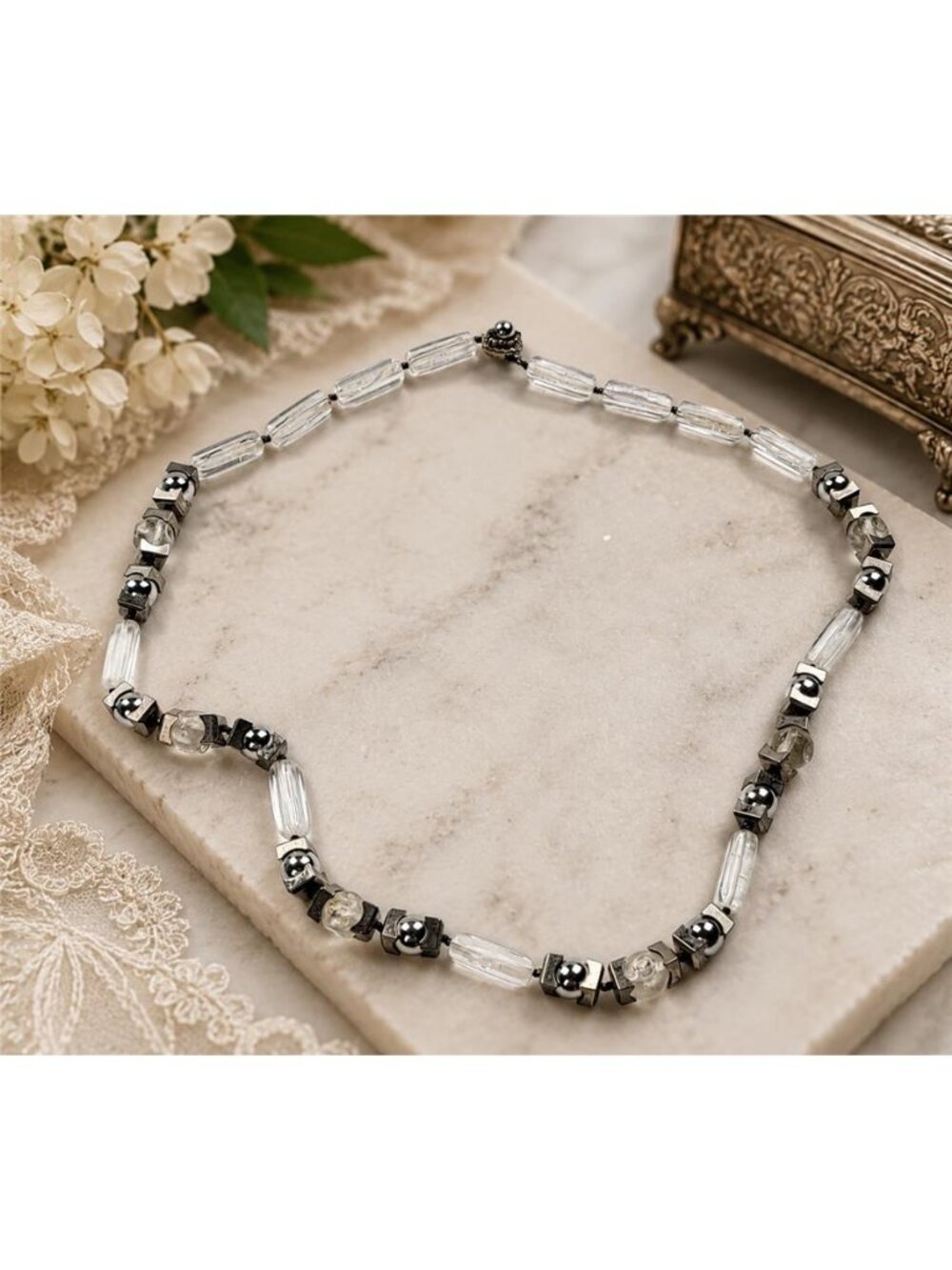 Vintage Signed Miriam Haskell Clear Lucite Silver Tone Geometric Necklace 30”